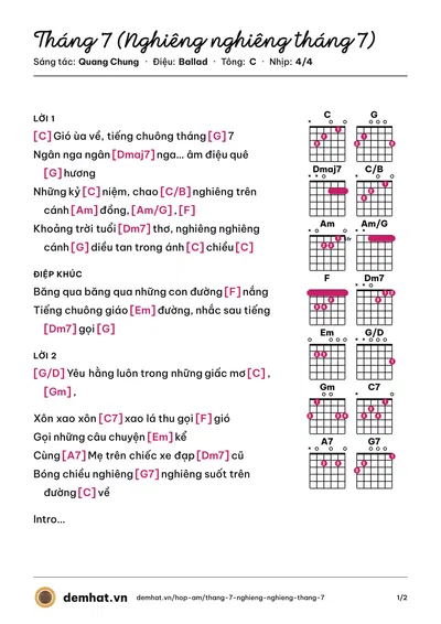 Hợp âm Tháng 7 (Nghiêng nghiêng tháng 7) (Cẩm Tú) – bản nhạc PDF trang 1, tông C