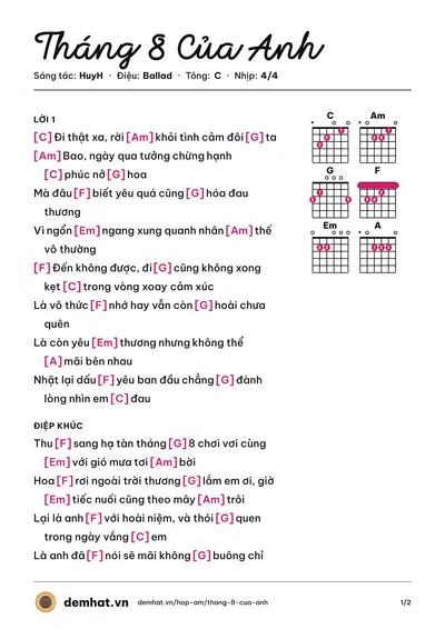 Hợp âm Tháng 8 Của Anh (HuyH) – bản nhạc PDF trang 1, tông C