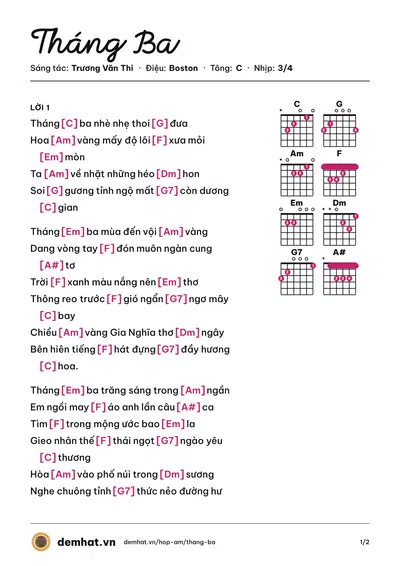 Hợp âm Tháng Ba (Vân Châu) – bản nhạc PDF trang 1, tông C