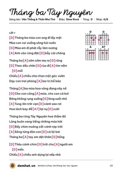 Hợp âm Tháng ba Tây Nguyên (Y Jang Tuyn) – bản nhạc PDF trang 1, tông D