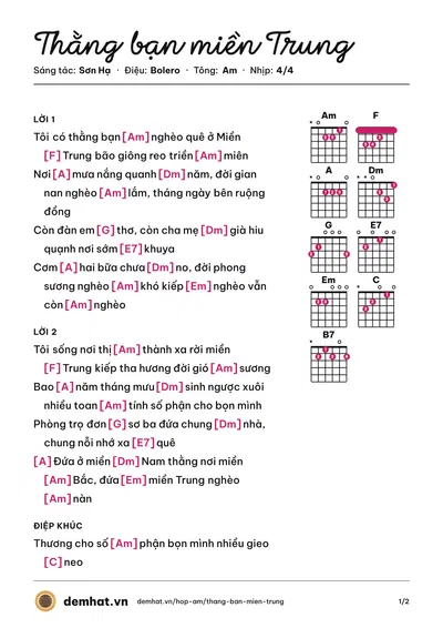 Hợp âm Thằng bạn miền Trung (Sơn Hạ) – bản nhạc PDF trang 1, tông Am