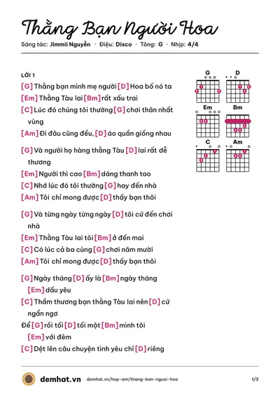 Hợp âm Thằng Bạn Người Hoa (Vĩnh Thuyên Kim) – bản nhạc PDF trang 1, tông G