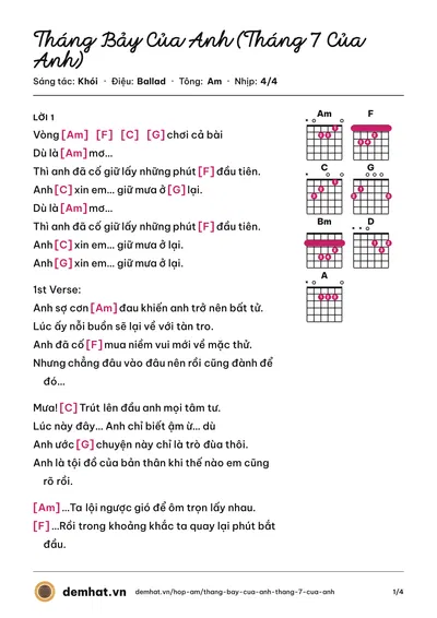 Hợp âm Tháng Bảy Của Anh (Tháng 7 Của Anh) (Khói) – bản nhạc PDF trang 1, tông Am
