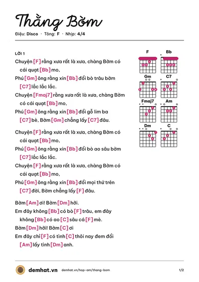 Hợp âm Thằng Bờm (Tam Ca Con Gái) – bản nhạc PDF trang 1, tông F