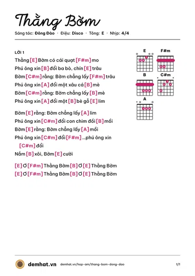 Hợp âm Thằng Bờm (Duy Uyên) – bản nhạc PDF trang 1, tông E
