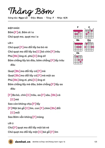 Hợp âm Thằng Bờm (Ngọc Linh) – bản nhạc PDF trang 1, tông F