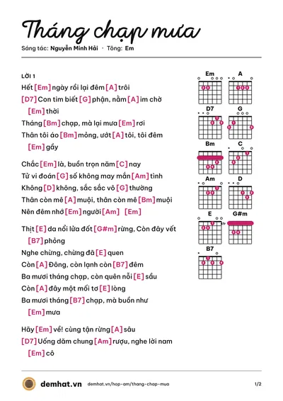 Hợp âm Tháng chạp mưa (Nguyễn Minh Hải) – bản nhạc PDF trang 1, tông Em