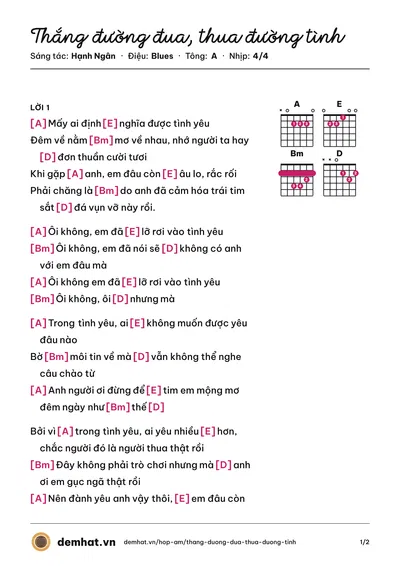 Hợp âm Thắng đường đua, thua đường tình (Hạnh Ngân) – bản nhạc PDF trang 1, tông A