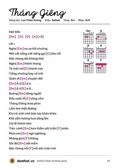 Hợp âm Tháng Giêng (Hoài Ngọc) – bản nhạc PDF trang 1, tông Em