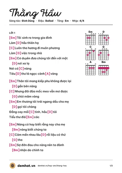 Hợp âm Thằng Hầu (Nhật Phong) – bản nhạc PDF trang 1, tông Em