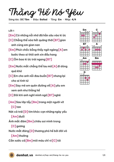 Hợp âm Thằng Hề Nó Yêu (DC Tâm) – bản nhạc PDF trang 1, tông Em