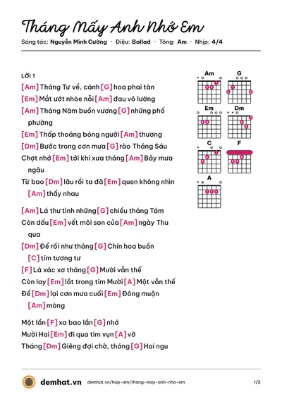 Hợp âm Tháng Mấy Anh Nhớ Em (Hà Anh Tuấn) – bản nhạc PDF trang 1, tông Am