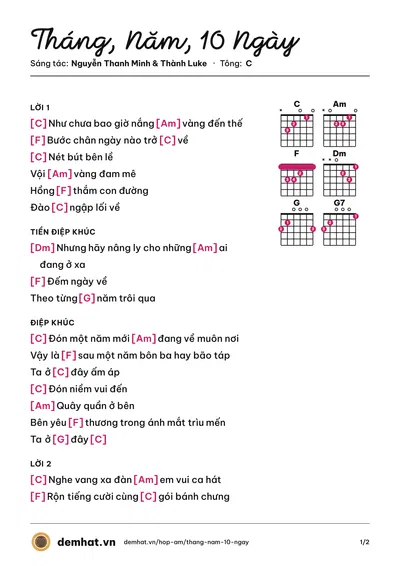 Hợp âm Tháng, Năm, 10 Ngày (Cá Hồi Hoang) – bản nhạc PDF trang 1, tông C
