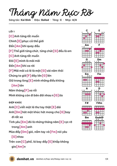 Hợp âm Tháng Năm Rực Rỡ (Kai Đinh) – bản nhạc PDF trang 1, tông C