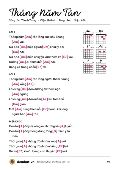 Hợp âm Tháng Năm Tàn (Hồng Tước) – bản nhạc PDF trang 1, tông Am