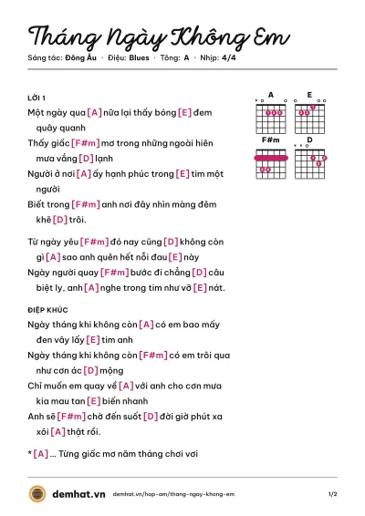 Hợp âm Tháng Ngày Không Em (Hồ Vĩnh Khoa) – bản nhạc PDF trang 1, tông A