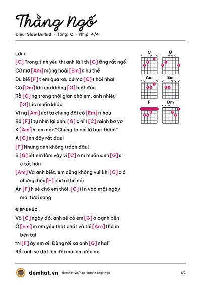 Hợp âm Thằng Ngố (Yanbi) – bản nhạc PDF trang 1, tông C