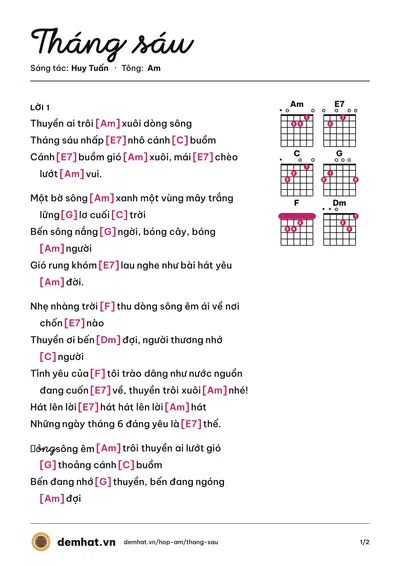 Hợp âm Tháng sáu (Huy Tuấn) – bản nhạc PDF trang 1, tông Am