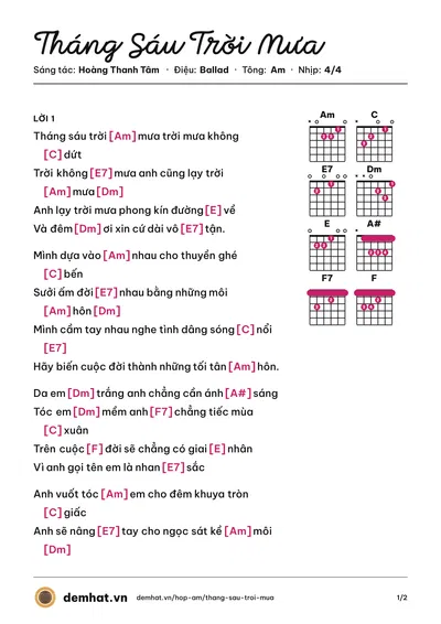 Hợp âm Tháng Sáu Trời Mưa (Đàm Vĩnh Hưng) – bản nhạc PDF trang 1, tông Am