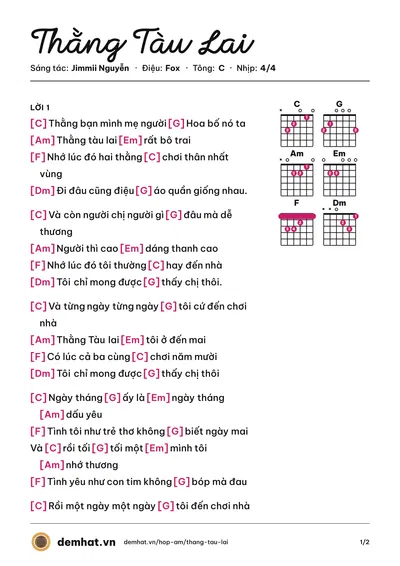 Hợp âm Thằng Tàu Lai (Jimmii Nguyễn) – bản nhạc PDF trang 1, tông C