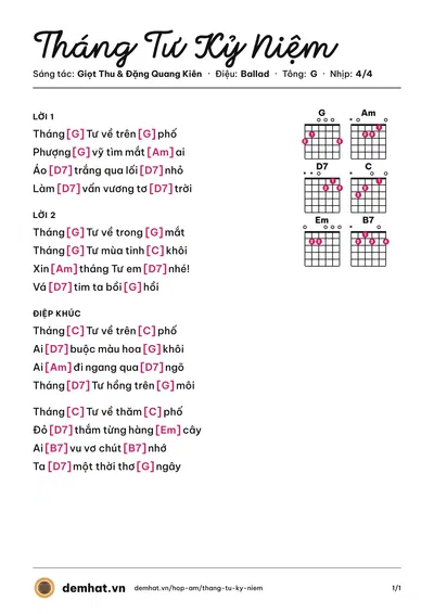 Hợp âm Tháng Tư Kỷ Niệm (Giọt Thu) – bản nhạc PDF trang 1, tông G