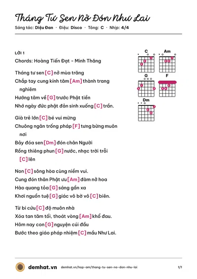 Hợp âm Tháng Tư Sen Nở Đón Như Lai (Diệu Đan) – bản nhạc PDF trang 1, tông C