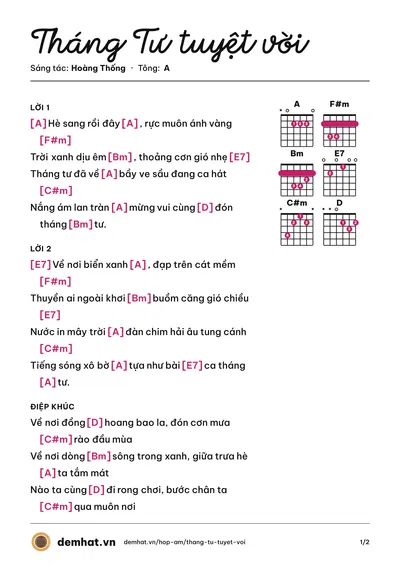 Hợp âm Tháng Tư tuyệt vời (Hoàng Thống) – bản nhạc PDF trang 1, tông A