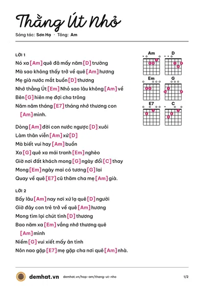 Hợp âm Thằng Út Nhỏ (Cát Tuyền) – bản nhạc PDF trang 1, tông Am