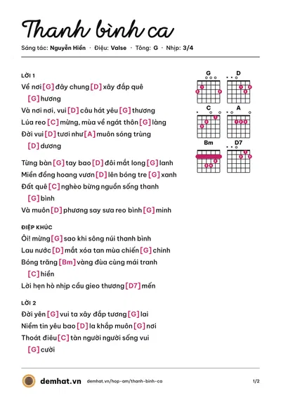 Hợp âm Thanh bình ca (Thái Thanh (trước 75)) – bản nhạc PDF trang 1, tông G