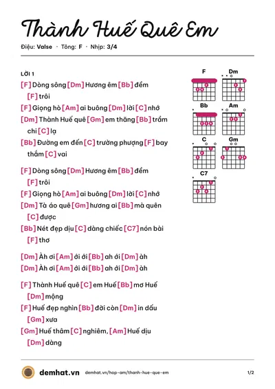 Hợp âm Thành Huế Quê Em (Thanh Ngọc) – bản nhạc PDF trang 1, tông F