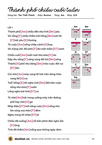 Hợp âm Thành phố chiều cuối tuần (Lam Anh) – bản nhạc PDF trang 1, tông Am