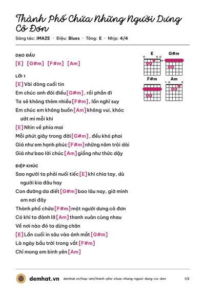 Hợp âm Thành Phố Chứa Những Người Dưng Cô Đơn (iMAZE) – bản nhạc PDF trang 1, tông E