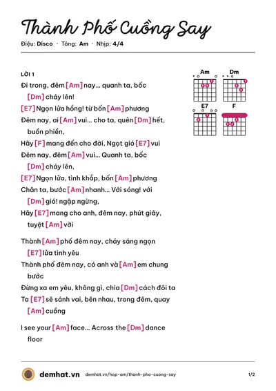 Hợp âm Thành Phố Cuồng Say (Nguyên Khang) – bản nhạc PDF trang 1, tông Am