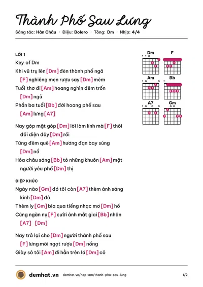 Hợp âm Thành Phố Sau Lưng (Đan Nguyên) – bản nhạc PDF trang 1, tông Dm