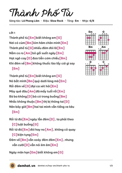 Hợp âm Thành Phố Tù (Lã Phong Lâm) – bản nhạc PDF trang 1, tông Em