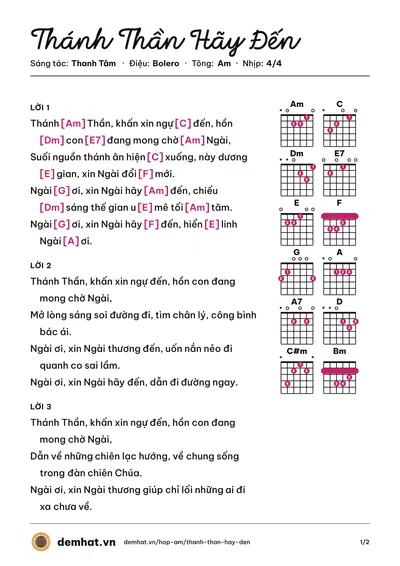 Hợp âm Thánh Thần Hãy Đến (Diệu Hiền) – bản nhạc PDF trang 1, tông Am