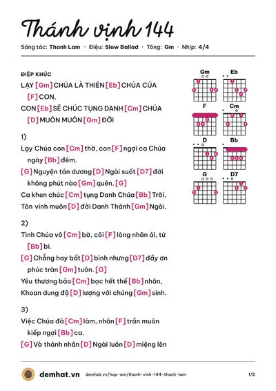 Hợp âm Thánh vịnh 144 (nhóm Du Ca) – bản nhạc PDF trang 1, tông Gm