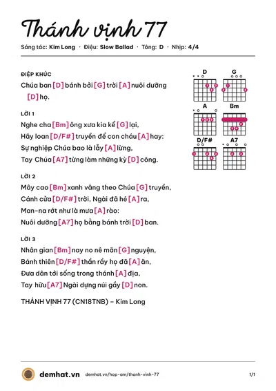 Hợp âm Thánh vịnh 77 (Ban Thánh nhạc TGP Hà Nội) – bản nhạc PDF trang 1, tông D