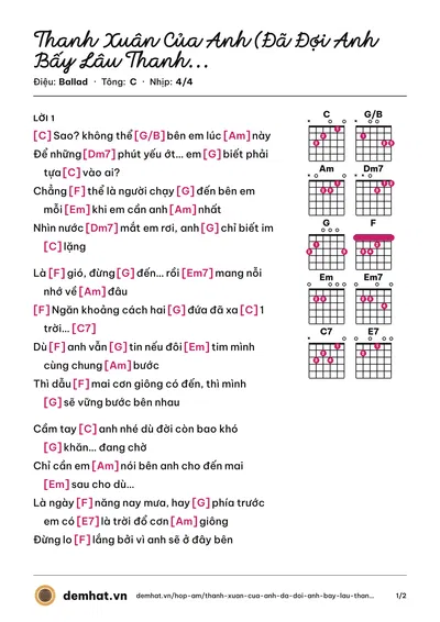 Hợp âm Thanh Xuân Của Anh (Đã Đợi Anh Bấy Lâu Thanh Xuân - Anh Sẽ Ở Đây Bên Em) (Ninh Nhiên) – bản nhạc PDF trang 1, tông C