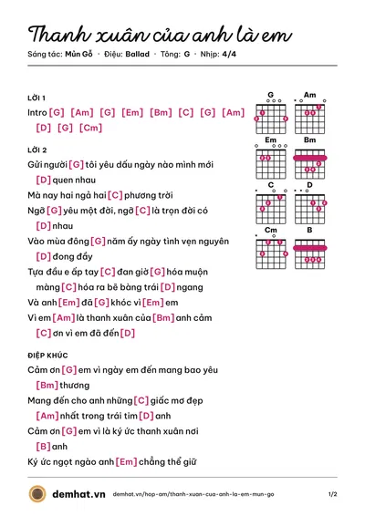 Hợp âm Thanh xuân của anh là em (Mủn Gỗ) – bản nhạc PDF trang 1, tông G