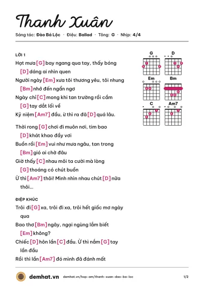 Hợp âm Thanh Xuân (Đào Bá Lộc) – bản nhạc PDF trang 1, tông G