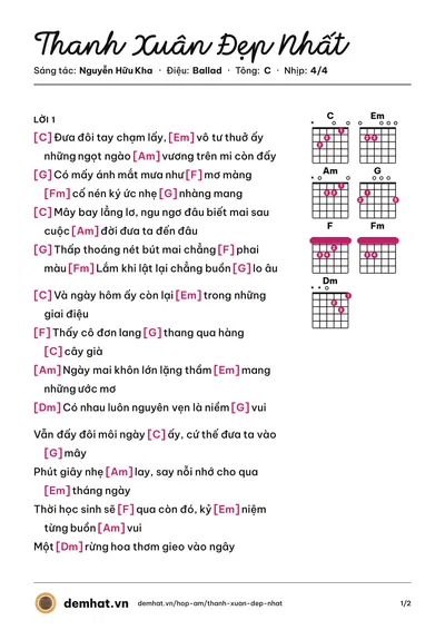 Hợp âm Thanh Xuân Đẹp Nhất (Nguyễn Hữu Kha) – bản nhạc PDF trang 1, tông C
