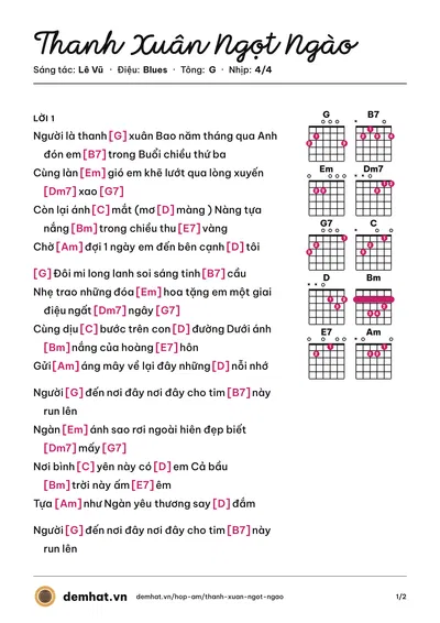 Hợp âm Thanh Xuân Ngọt Ngào (Lê Vũ) – bản nhạc PDF trang 1, tông G