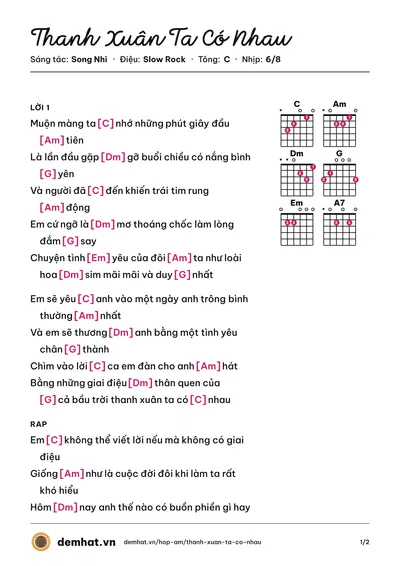 Hợp âm Thanh Xuân Ta Có Nhau (Song Nhi) – bản nhạc PDF trang 1, tông C