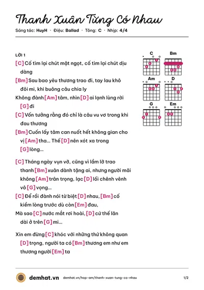 Hợp âm Thanh Xuân Từng Có Nhau (HuyH) – bản nhạc PDF trang 1, tông C