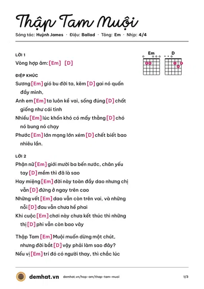 Hợp âm Thập Tam Muội (Huỳnh James) – bản nhạc PDF trang 1, tông Em