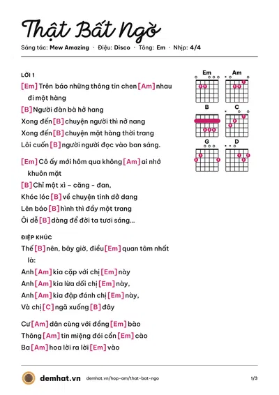 Hợp âm Thật Bất Ngờ (Mit Tờ Út) – bản nhạc PDF trang 1, tông Em