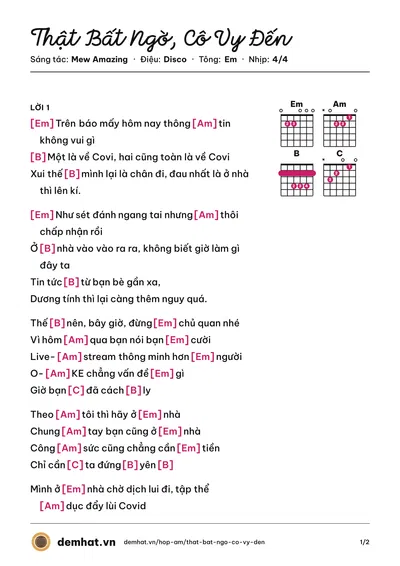Hợp âm Thật Bất Ngờ, Cô Vy Đến (Trúc Nhân) – bản nhạc PDF trang 1, tông Em