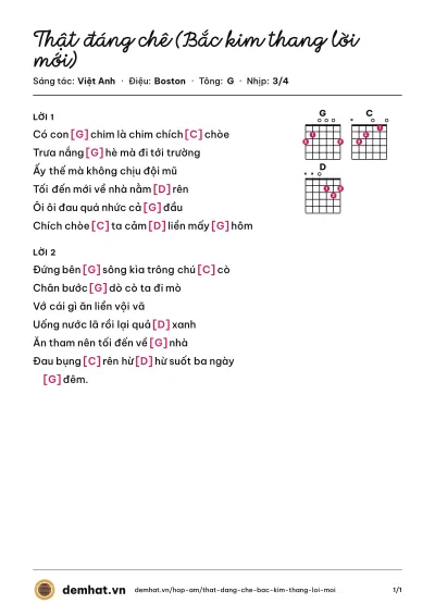 Hợp âm Thật đáng chê (Bắc kim thang lời mới) (Xuân Mai) – bản nhạc PDF trang 1, tông G