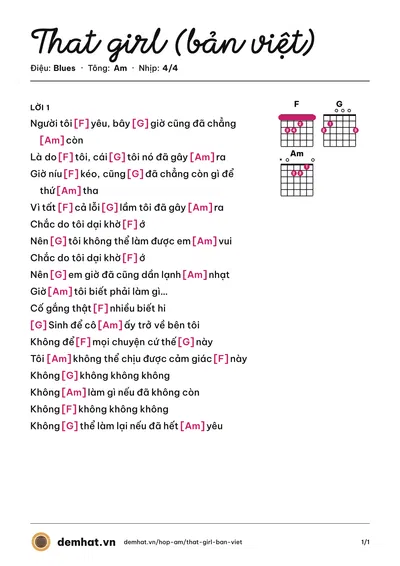 Hợp âm That girl (bản việt) (Thái Quỳnh) – bản nhạc PDF trang 1, tông Am